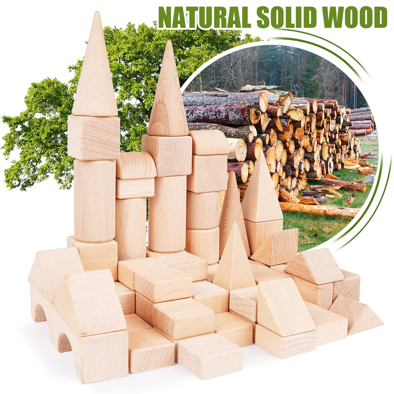 GenJuw 100Pcs Wooden Building Blocks Set- Wood Stacker Stacking Blocks Game Toys for Toddlers, Multiple Shapes, Toddles Blocks- Baby Wooden Blocks for Kids Learning and Playing