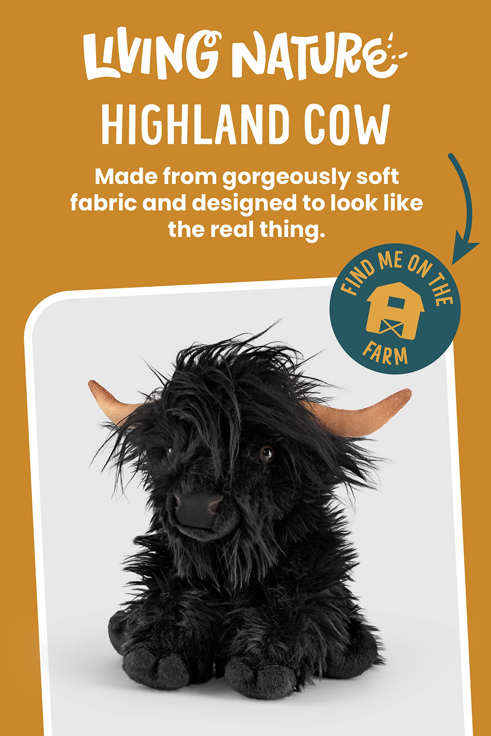 Living Nature Highland Cow Black Stuffed Animal | Farm Toy with Sound | Soft Toy Gift for Kids | 9 Inches