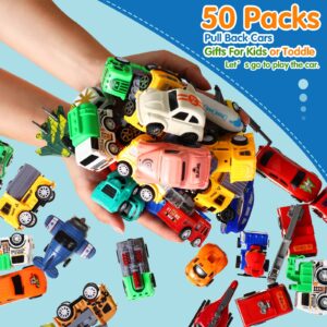 Sratte 50 Pcs Pull Back Cars and Trucks Toy Bulk City Cars Plane Vehicles Model Car Construction Toy Pull Back Digger for Boys and Girls' Education, Party Favor Bulk Cake Decorations Birthday Gift