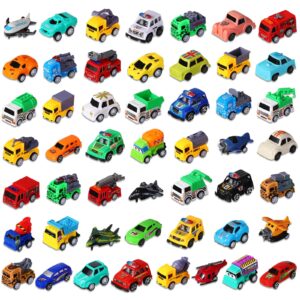 Sratte 50 Pcs Pull Back Cars and Trucks Toy Bulk City Cars Plane Vehicles Model Car Construction Toy Pull Back Digger for Boys and Girls' Education, Party Favor Bulk Cake Decorations Birthday Gift