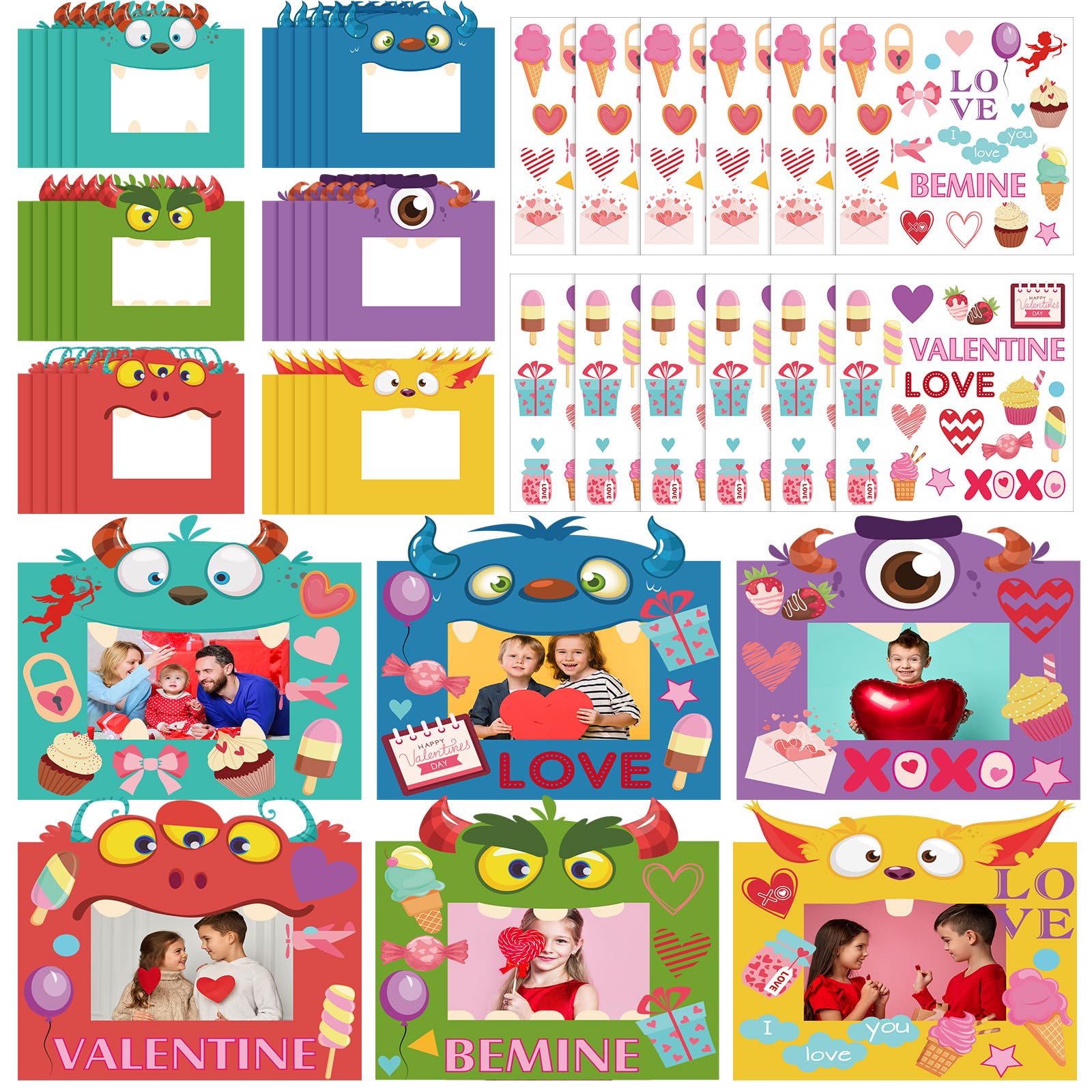 Ferraycle 30 Pack Valentine's Day DIY Craft Kits for Kid, Valentines Day Pictures Frame Craft and 12 Sticker DIY Valentines Craft with Monster Photo Frame Craft Kit for Party Favor Classroom Activity