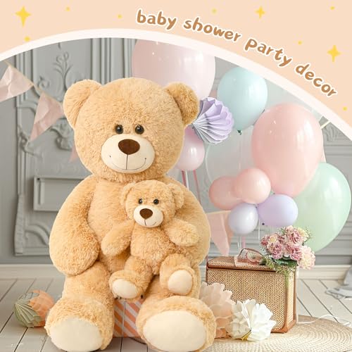 Muiteiur Giant Teddy Bear Stuffed Animal Cute Mommy and Baby Bear Teddy Bear Baby Shower Plush Toy for Kids Boys Girls Great Gift for Christmas Valentines Day Party 40inch,Light Brown