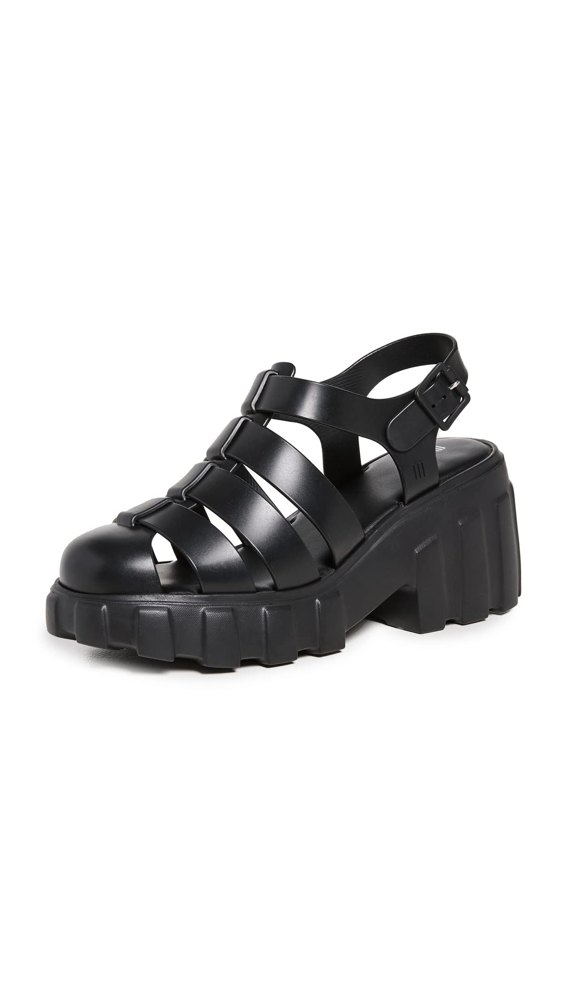 Melissa Megan Platform Jelly Heels for Women - The Iconic Original 90’s Jelly Shoe, Fisherman's Sandal with Chunky, Platform Lug-Sole Heel and Adjustable Strap and Side Buckle, Black, 7