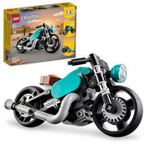 lego creator 3 in 1 vintage motorcycle set, transforms from classic motorcycle toy to street bike to dragster car, vehicle building toys, great gift for boys, girls, and kids 8 years old and up, 31135