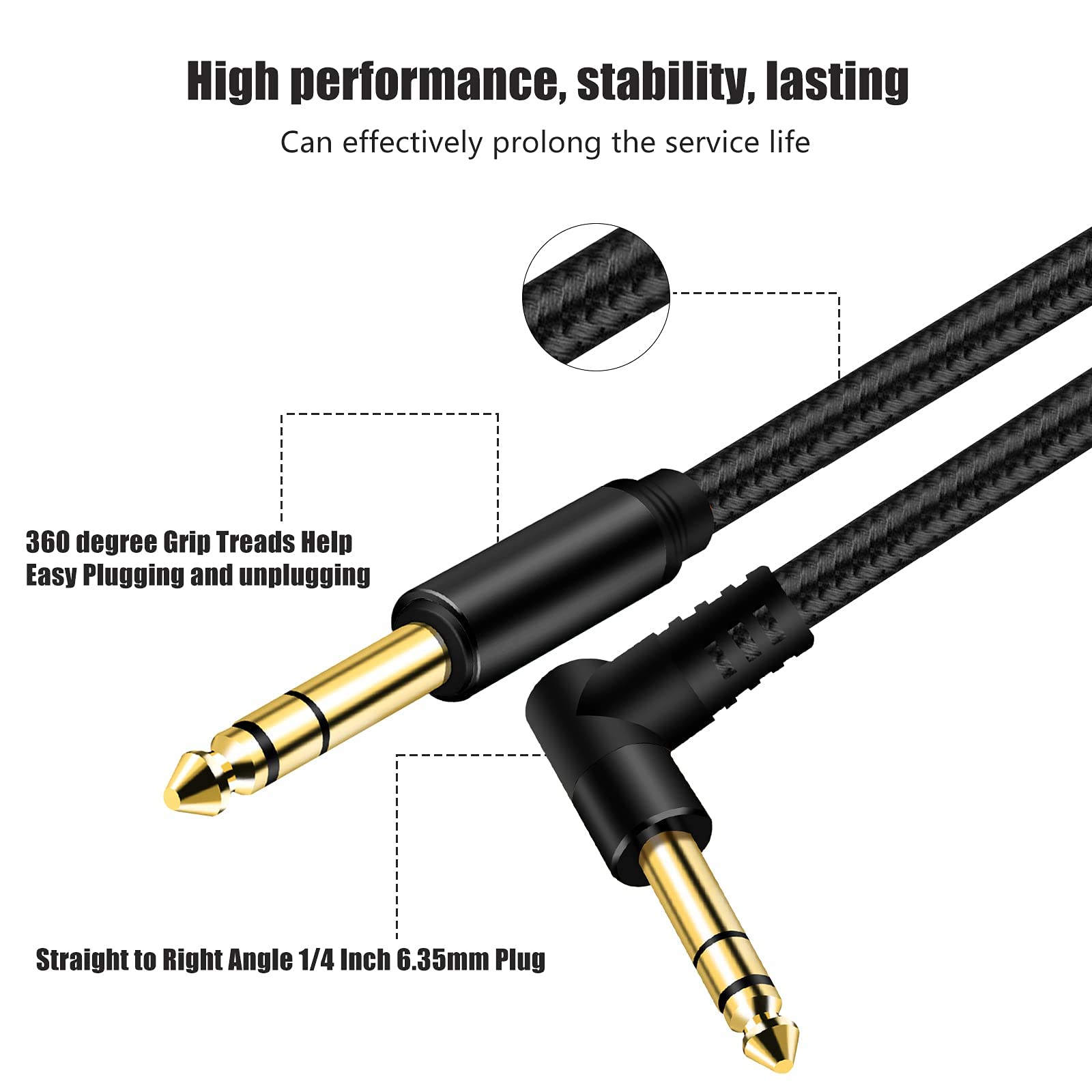 1/4 Inch TRS Instrument Cable 3Ft 2pack,BELIPRO 6.35mm TRS to 6.35mm TRS Stereo Audio Cable Male to Male Right-Angle-to-Straight for Electric Guitar, Bass, Keyboard,Mixer,Amplifier,Speaker,Equalizer…