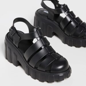 Melissa Megan Platform Jelly Heels for Women - The Iconic Original 90’s Jelly Shoe, Fisherman's Sandal with Chunky, Platform Lug-Sole Heel and Adjustable Strap and Side Buckle, Black, 7