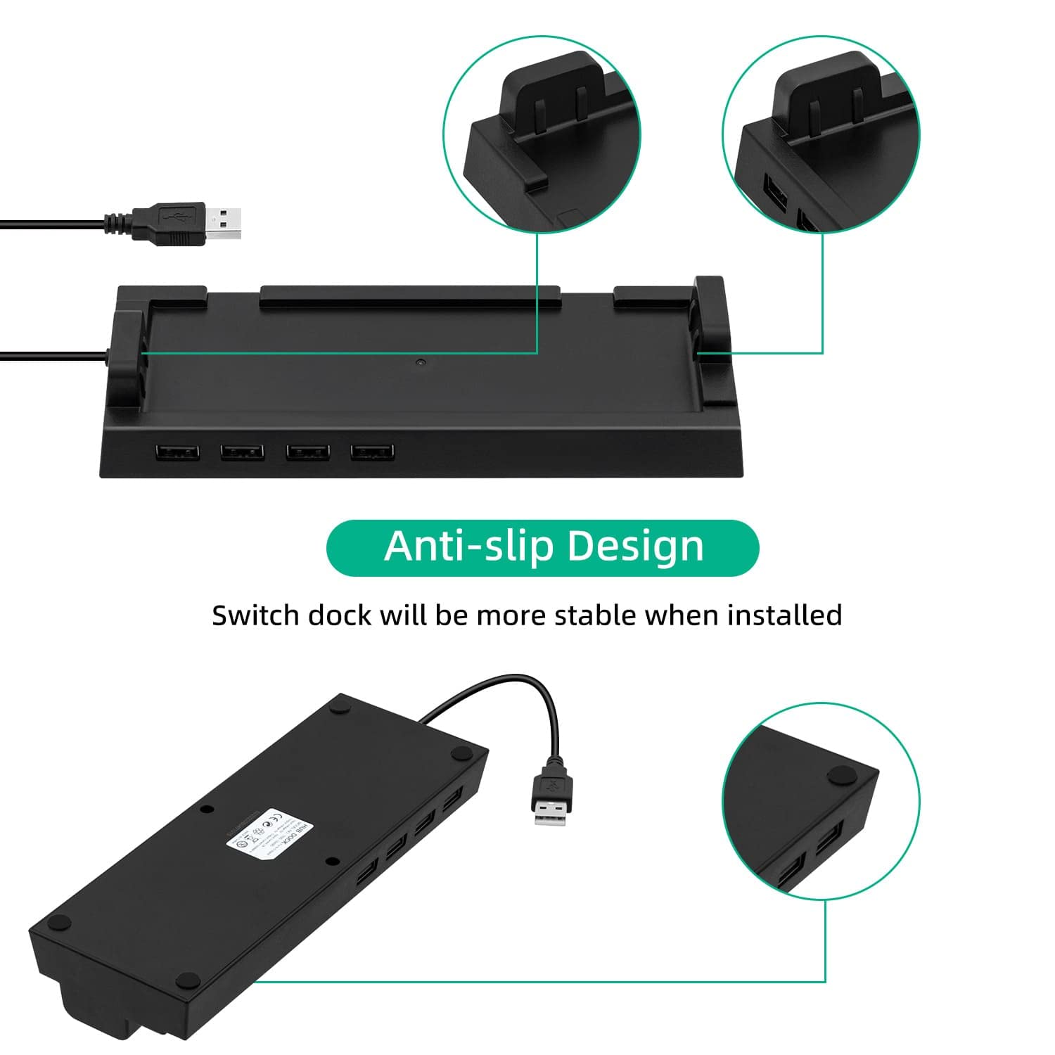 Mcbazel USB Hub for Switch Dock, 4 Ports USB 2.0 Hub Dock Compatible with NS Switch - Black