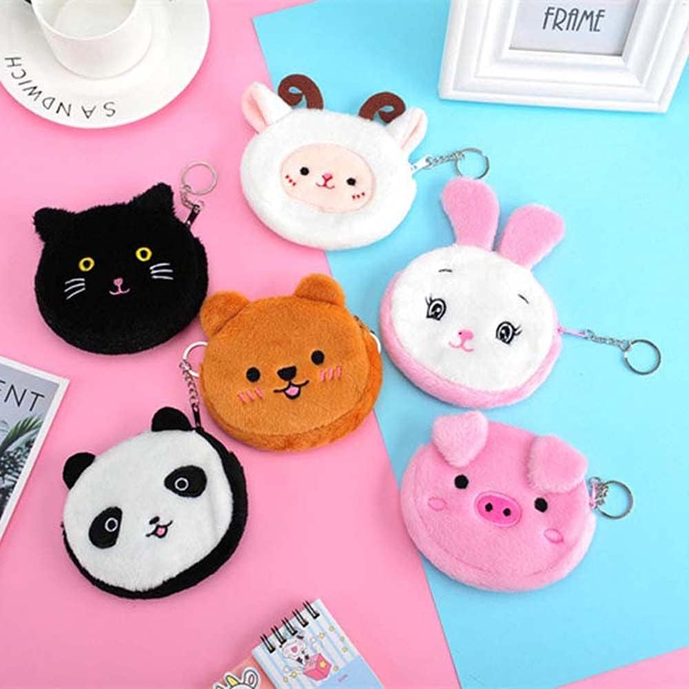 Coin Purse, Cute Key Bag with Keychain, Pig Zipper Bag, Plush Coin Bag, Mini Wallet, Cartoon Earphone Bag, Cute Design Pouch(Bear,Brown)