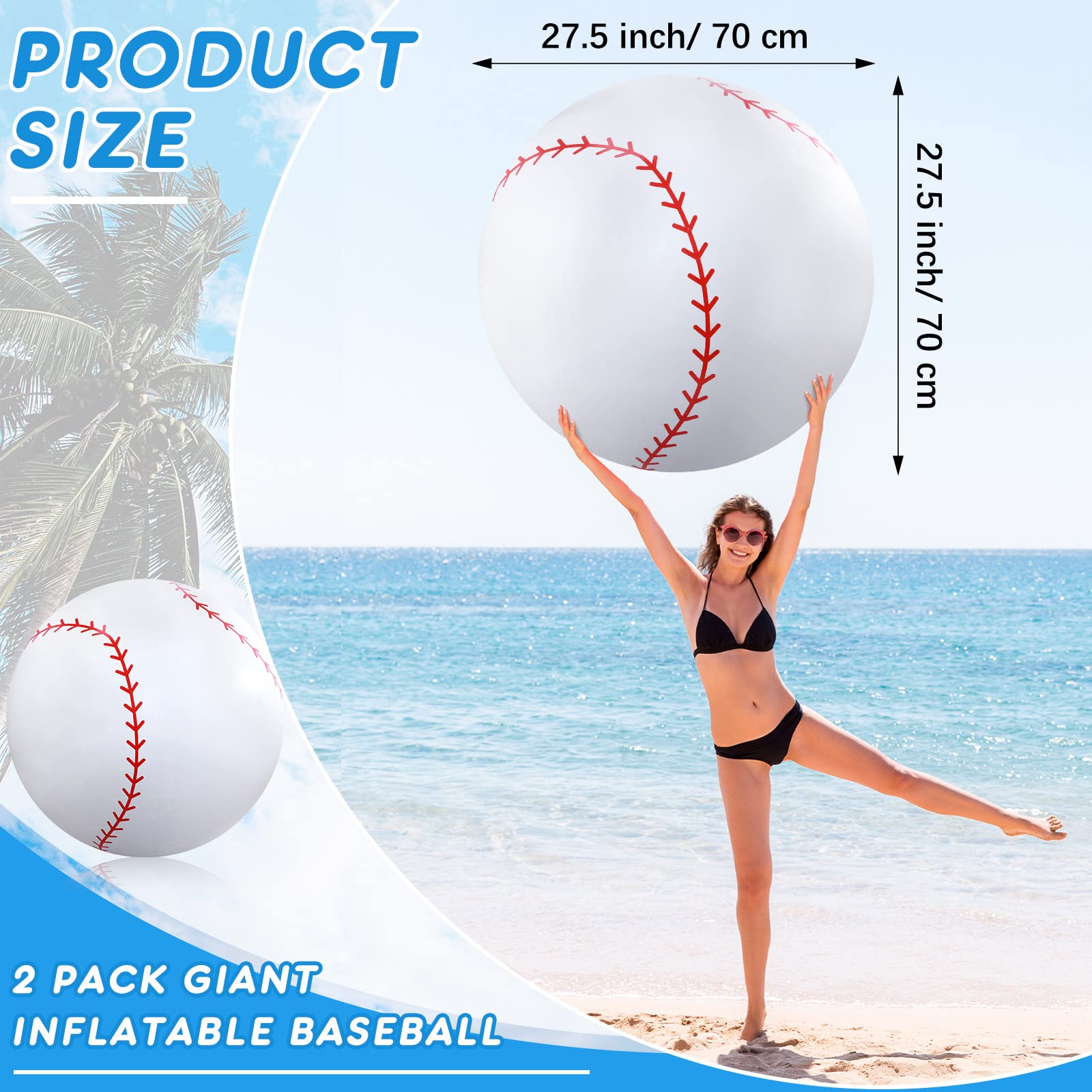 27 Inch Inflatable Balls Large Inflatable Baseball Giant Beach Balls Sports Balls for Pool Summer Outdoor Activity Games Birthday Party Decorations (2 Pcs)