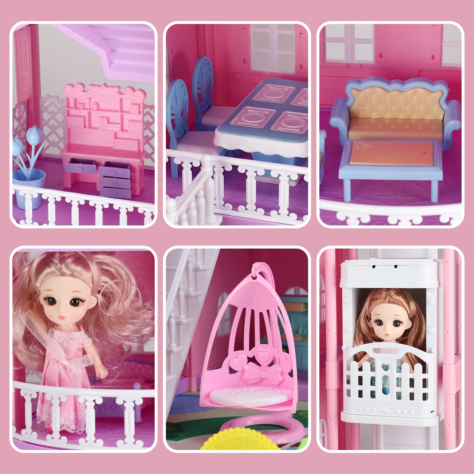 R HOME STORE Doll House Play House - 4-Story 9 Rooms Dream House Dollhouse with Lights, 2 Dolls Toy Figures, Controllable Elevators & Furniture Accessories Playhouse Toys Ages 3 4 5 6 Girls