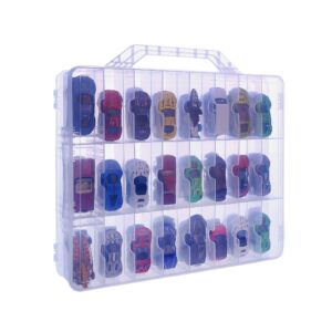 KISLANE Double Sided Toy Car Storage Case for 48 Toy Cars, Matchbox Cars, Mini Toys, Small Dolls, Portable Transparent Storage Case for Toy Cars, Matchbox Cars with 48 Compartments, Case Only