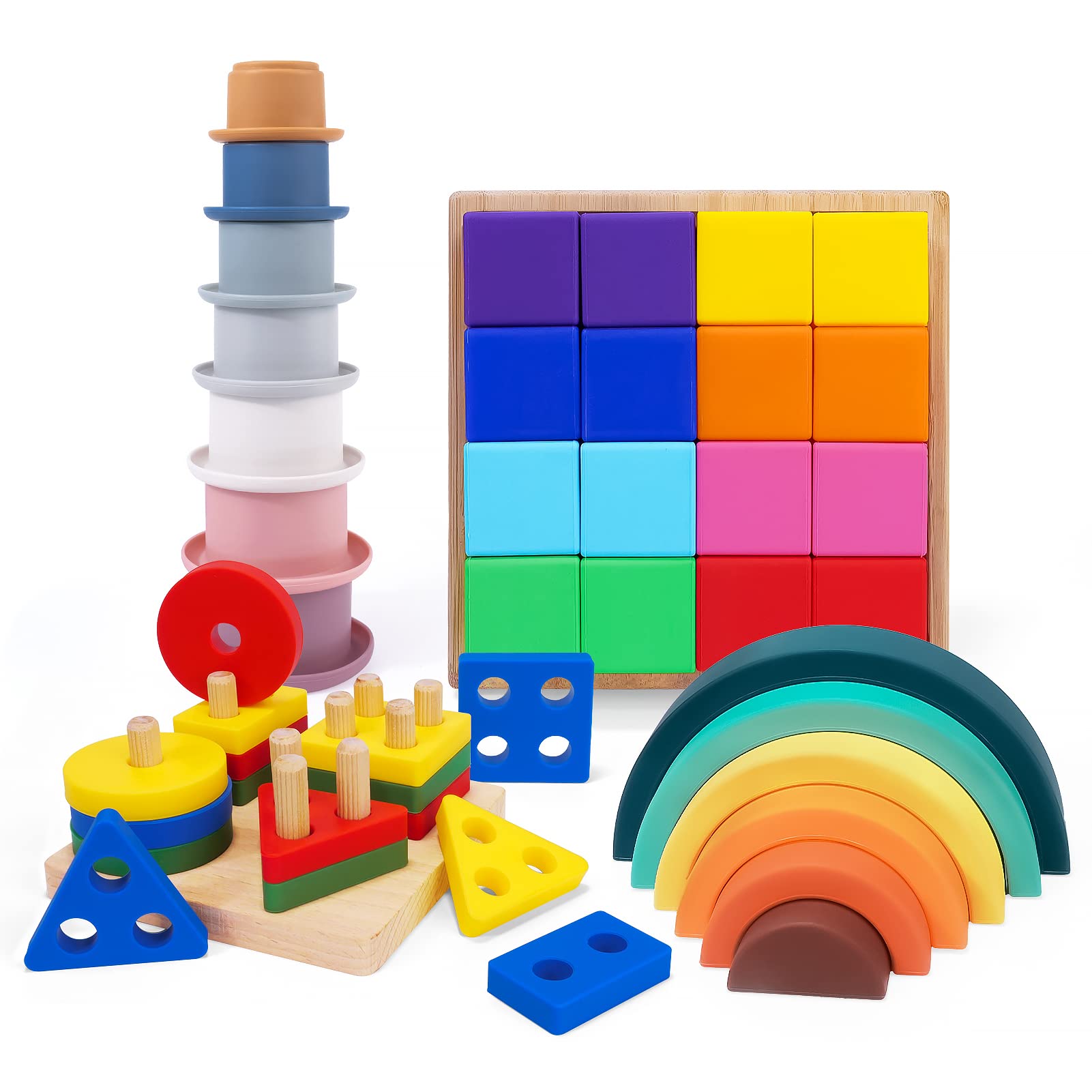 MCGMITT Silicone Stacking Toys, 4 in-1 Montessori Rainbow Stacker for Toddler, Soft Nesting Blocks, Building Creative Color Shape Matching Toy Set