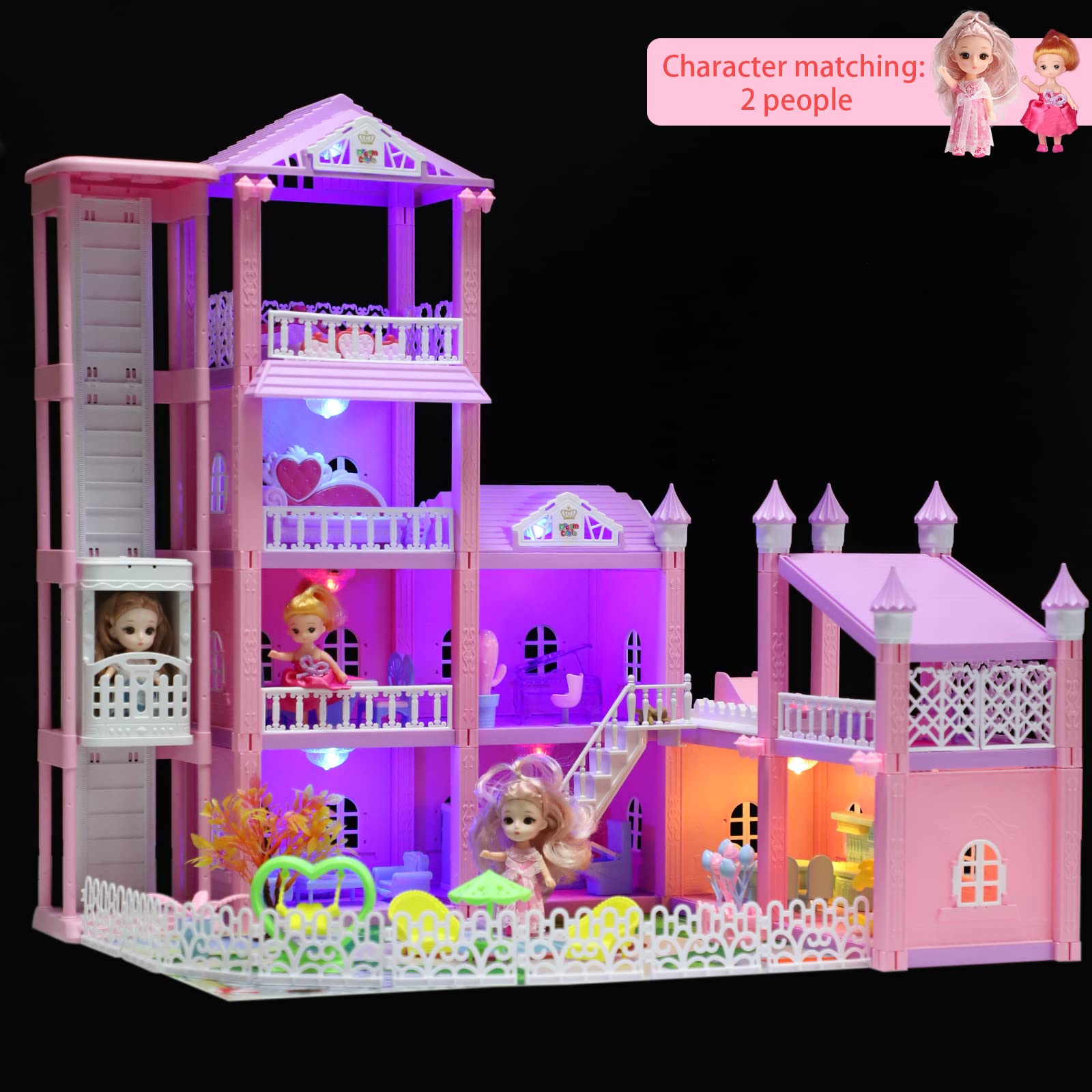 R HOME STORE Doll House Play House - 4-Story 9 Rooms Dream House Dollhouse with Lights, 2 Dolls Toy Figures, Controllable Elevators & Furniture Accessories Playhouse Toys Ages 3 4 5 6 Girls