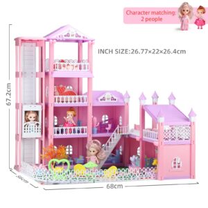 R HOME STORE Doll House Play House - 4-Story 9 Rooms Dream House Dollhouse with Lights, 2 Dolls Toy Figures, Controllable Elevators & Furniture Accessories Playhouse Toys Ages 3 4 5 6 Girls