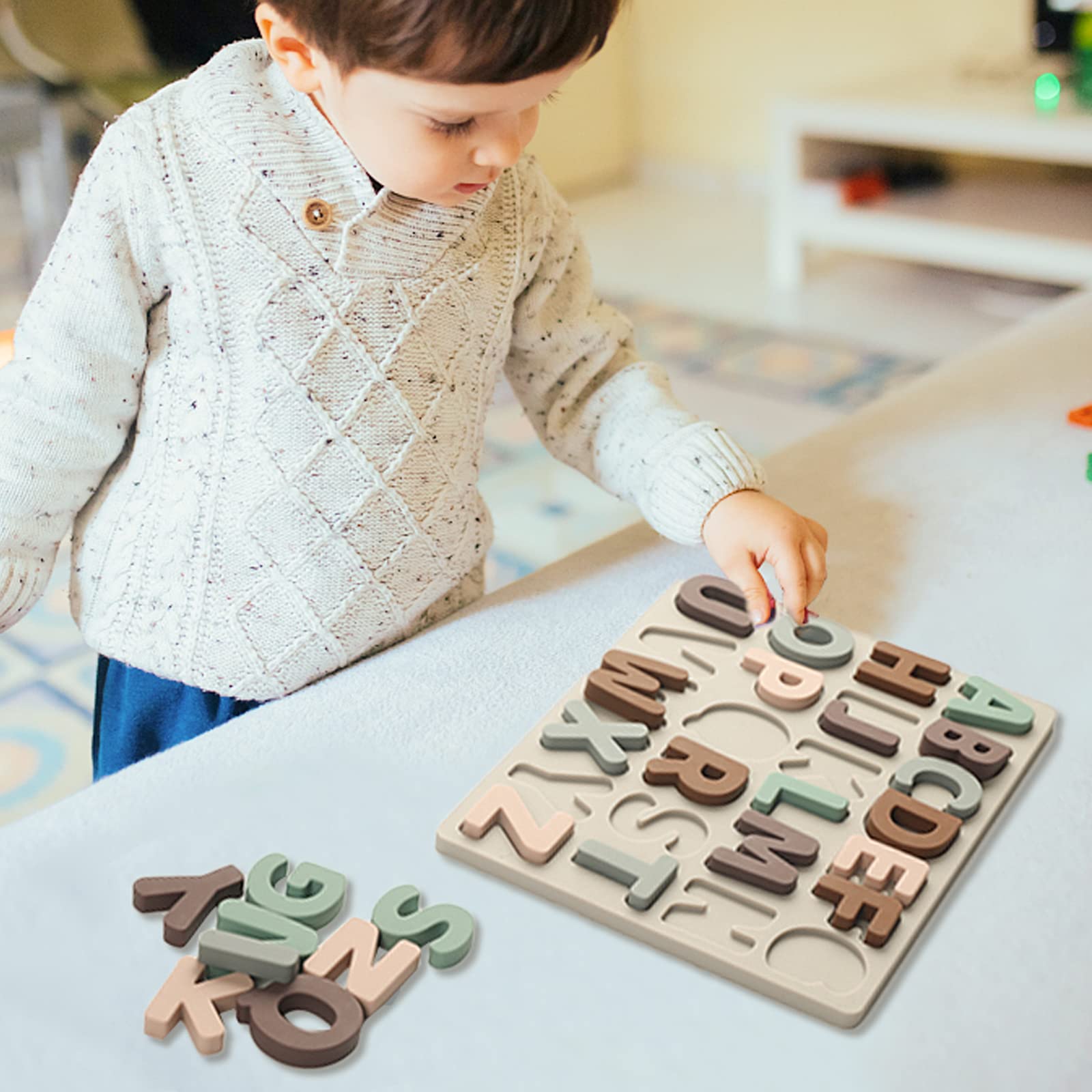 Macabaka Silicone Alphabet Puzzle, ABC Puzzle Alphabet Toys Set with 26PCS Flash Cards & Soft Letter Puzzles Spelling Early Education ABC Learning Toy for Boys Girls