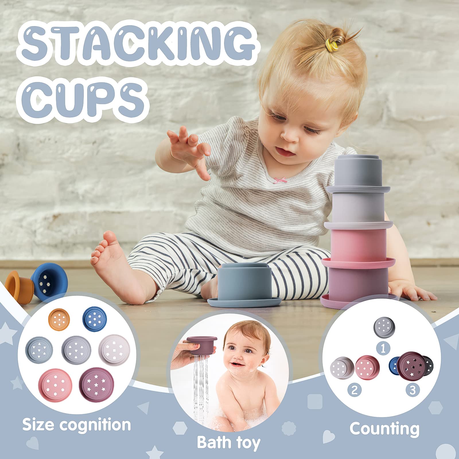 MCGMITT Silicone Stacking Toys, 4 in-1 Montessori Rainbow Stacker for Toddler, Soft Nesting Blocks, Building Creative Color Shape Matching Toy Set