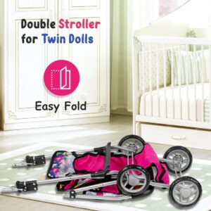 fash n kolor Twin Baby Doll Stroller - Pretend Play Baby Stroller for Dolls - Toy Stroller with Storage Basket for Baby Doll Accessories Set - Flower Design Baby Stroller Toy for Kids - Folds Easily