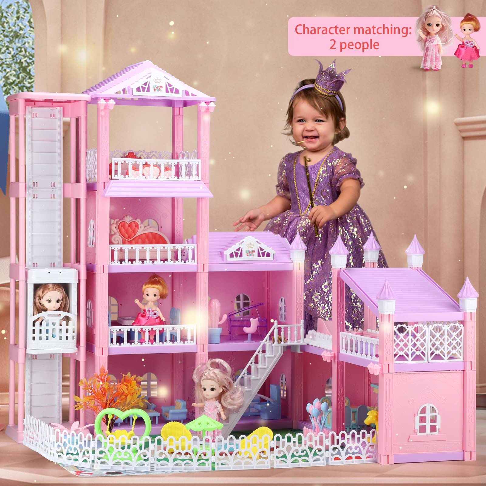 R HOME STORE Doll House Play House - 4-Story 9 Rooms Dream House Dollhouse with Lights, 2 Dolls Toy Figures, Controllable Elevators & Furniture Accessories Playhouse Toys Ages 3 4 5 6 Girls