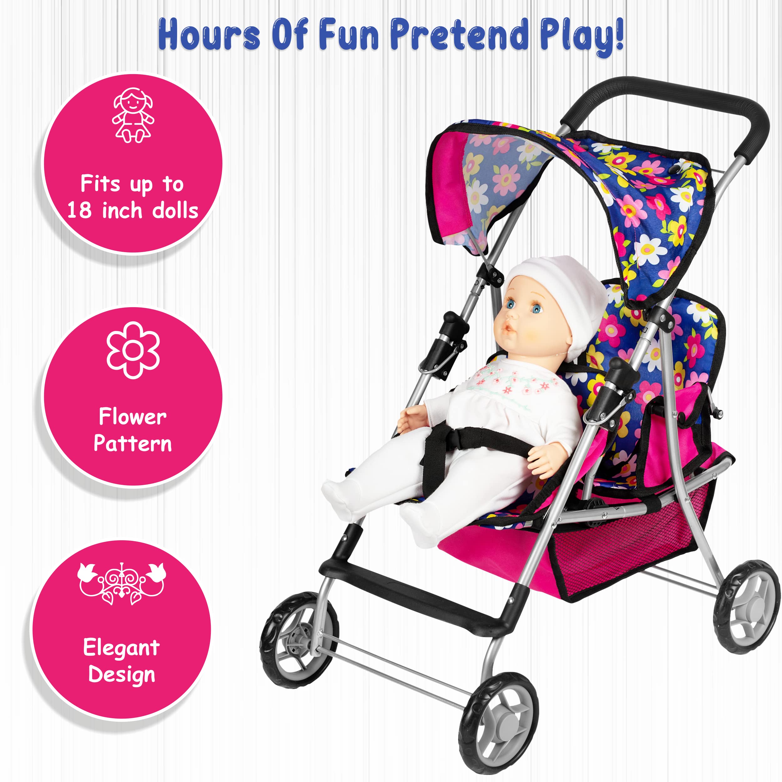 fash n kolor Twin Baby Doll Stroller - Pretend Play Baby Stroller for Dolls - Toy Stroller with Storage Basket for Baby Doll Accessories Set - Flower Design Baby Stroller Toy for Kids - Folds Easily