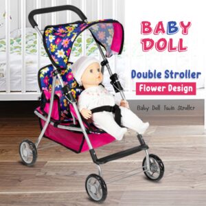 fash n kolor Twin Baby Doll Stroller - Pretend Play Baby Stroller for Dolls - Toy Stroller with Storage Basket for Baby Doll Accessories Set - Flower Design Baby Stroller Toy for Kids - Folds Easily