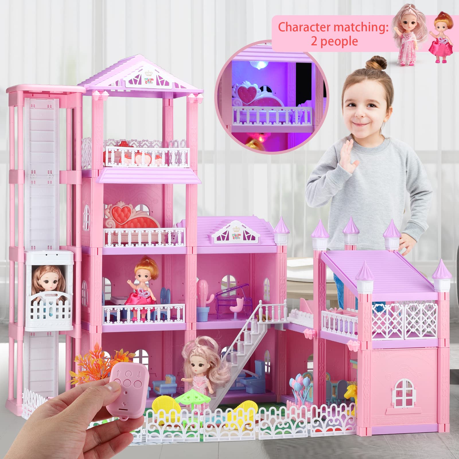 R HOME STORE Doll House Play House - 4-Story 9 Rooms Dream House Dollhouse with Lights, 2 Dolls Toy Figures, Controllable Elevators & Furniture Accessories Playhouse Toys Ages 3 4 5 6 Girls