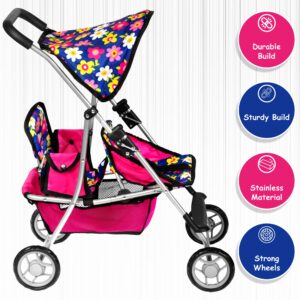 fash n kolor Twin Baby Doll Stroller - Pretend Play Baby Stroller for Dolls - Toy Stroller with Storage Basket for Baby Doll Accessories Set - Flower Design Baby Stroller Toy for Kids - Folds Easily