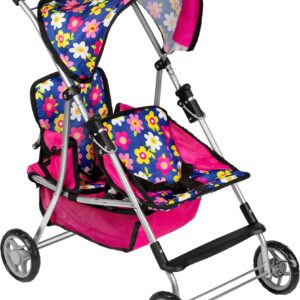 fash n kolor Twin Baby Doll Stroller - Pretend Play Baby Stroller for Dolls - Toy Stroller with Storage Basket for Baby Doll Accessories Set - Flower Design Baby Stroller Toy for Kids - Folds Easily