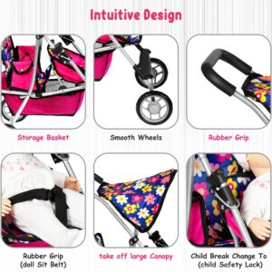 fash n kolor Twin Baby Doll Stroller - Pretend Play Baby Stroller for Dolls - Toy Stroller with Storage Basket for Baby Doll Accessories Set - Flower Design Baby Stroller Toy for Kids - Folds Easily