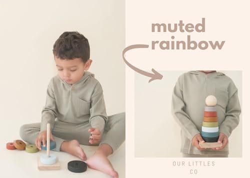 Our Littles Co Neutral Rainbow Wooden Ring Stacker Toy | Montessori Stacking Rings for Toddlers | Educational & Developmental Sensory Toys Non-Toxic, Safe & | Designed in The USA