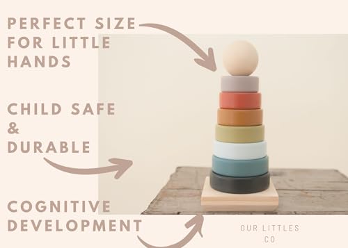 Our Littles Co Neutral Rainbow Wooden Ring Stacker Toy | Montessori Stacking Rings for Toddlers | Educational & Developmental Sensory Toys Non-Toxic, Safe & | Designed in The USA