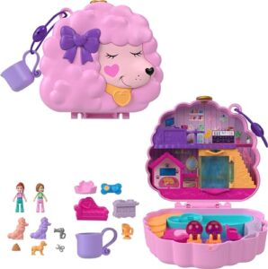 polly pocket groom & glam poodle compact playset with 2 micro dolls & 12 accessories, including 2 with color change