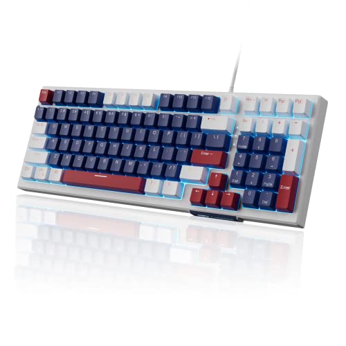 MageGee Mechanical Keyboard, Star98 Wired Gaming Keyboard Backlit Ultra-Slim USB Keyboards with Blue Switches 98 Keys for PC Windows Computer Laptop - White Blue/Blue Switches