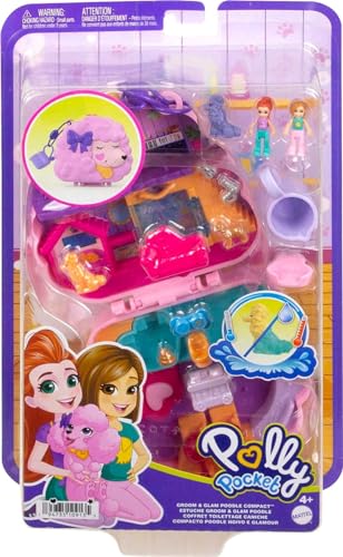 Polly Pocket Groom & Glam Poodle Compact Playset with 2 Micro Dolls & 12 Accessories, Including 2 with Color Change