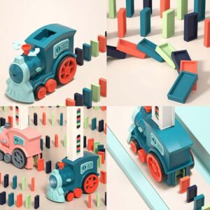 soputry Domino Toy Train Blocks Set, Automatic Domino Stacking Toy Creative Domino Rally Electric Train Set, Upgrade 4 Color Domino Toy Train for 3-12 Year Old Boys and Girls (80 Dominoes)