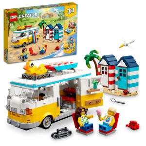 lego creator 3 in 1 beach camper van building kit, transforms from a campervan to ice cream shop to beach house, great gift for surfer boys and girls, pretend play beach life, 31138