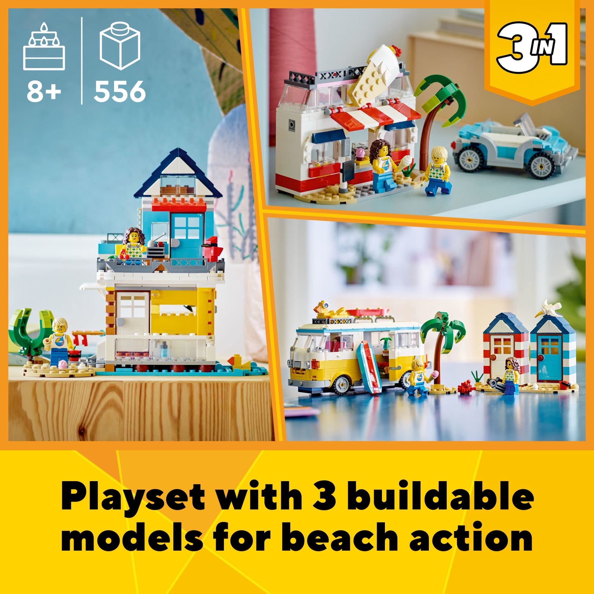 LEGO Creator 3 in 1 Beach Camper Van Building Kit, Transforms from a Campervan to Ice Cream Shop to Beach House, Great Gift for Surfer Boys and Girls, Pretend Play Beach Life, 31138