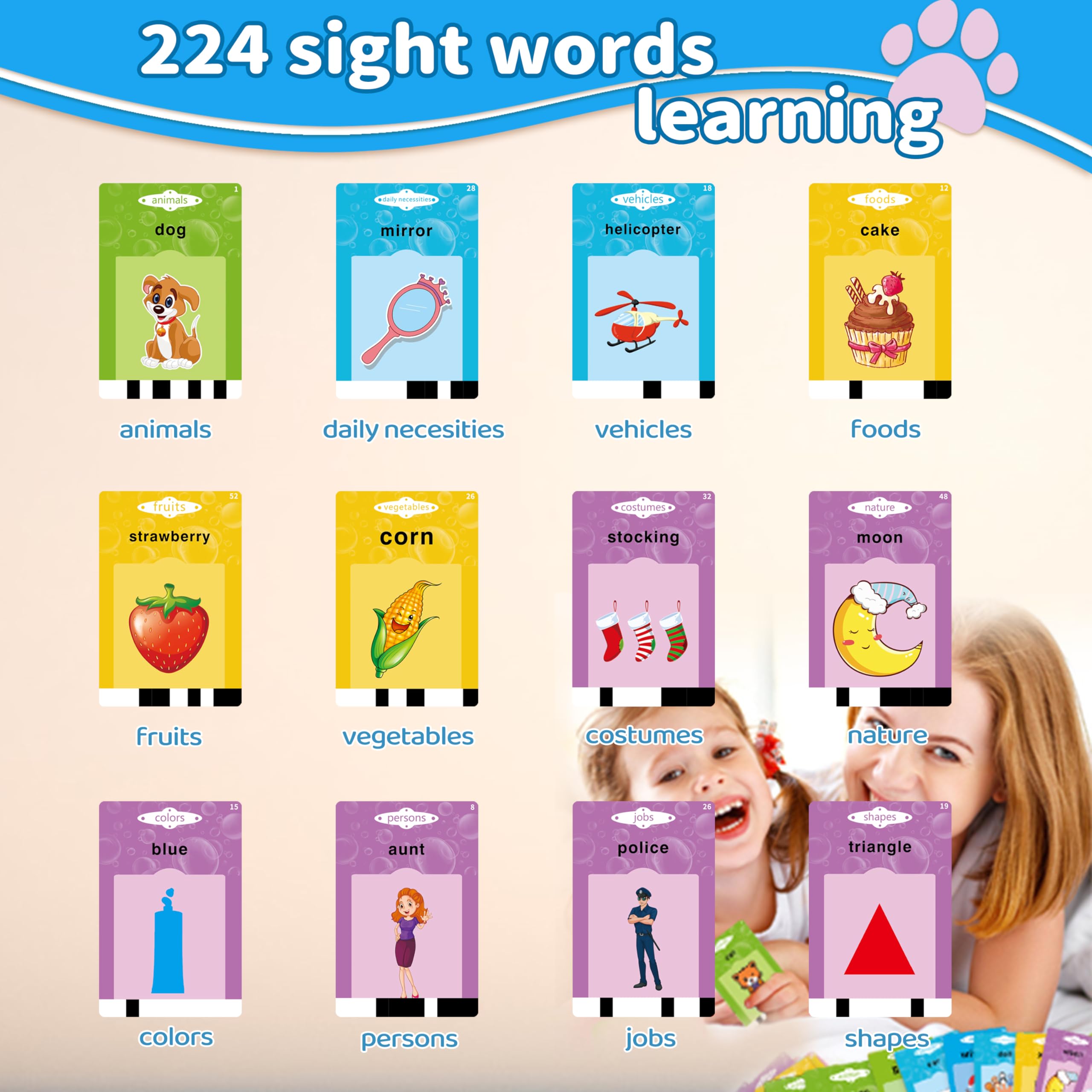 Softcroft Talking Flash Cards with 224 Sight Words, Toddler Toys for Boys, Pocket Speech for Toddlers to Help Speak and Spell, Speech Therapy Toys for Autistic Children, Gift for Kids (Blue)