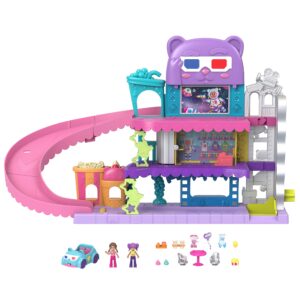 polly pocket pollyville dolls & playset, drive-in movie theater with 2 micro dolls, 1 toy car & 11 accessories