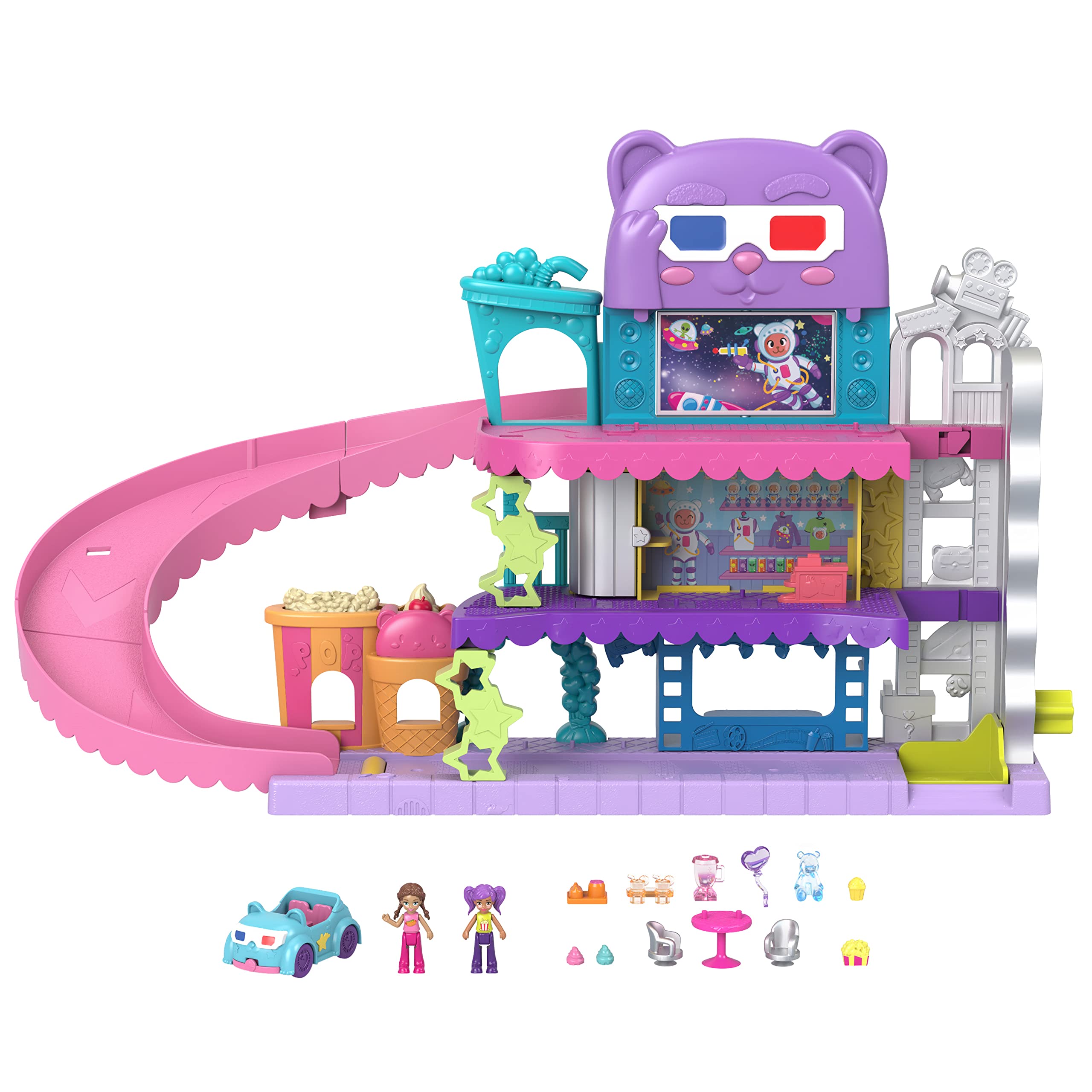 Polly Pocket Pollyville Dolls & Playset, Drive-in Movie Theater with 2 Micro Dolls, 1 Toy Car & 11 Accessories