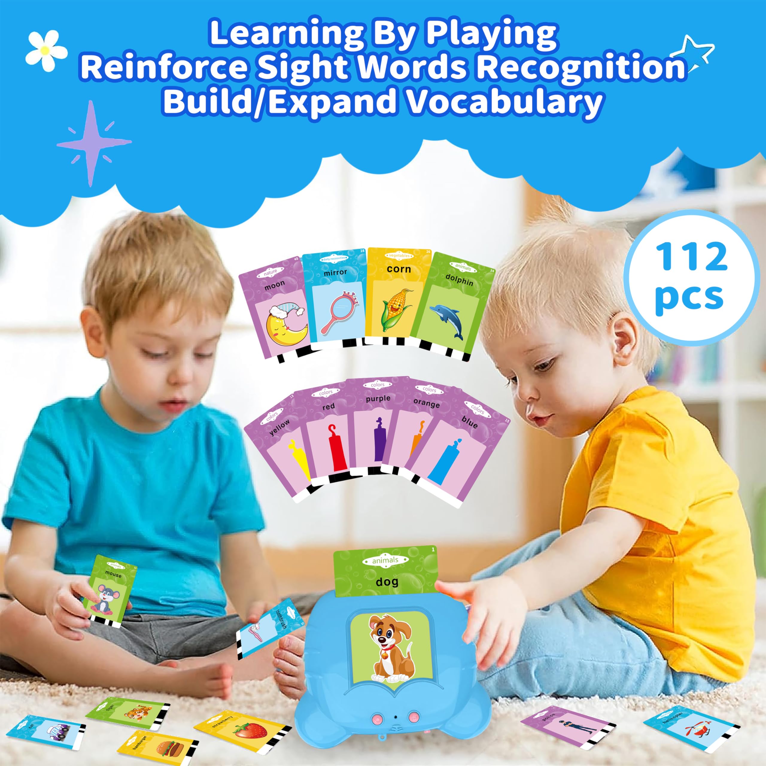 Softcroft Talking Flash Cards with 224 Sight Words, Toddler Toys for Boys, Pocket Speech for Toddlers to Help Speak and Spell, Speech Therapy Toys for Autistic Children, Gift for Kids (Blue)