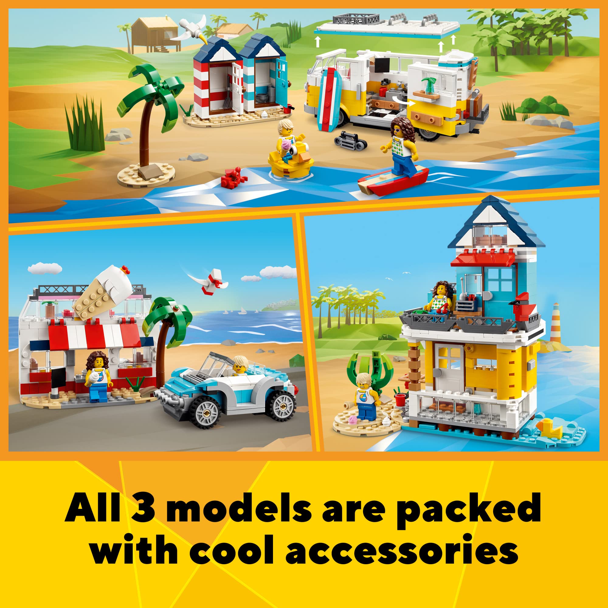 LEGO Creator 3 in 1 Beach Camper Van Building Kit, Transforms from a Campervan to Ice Cream Shop to Beach House, Great Gift for Surfer Boys and Girls, Pretend Play Beach Life, 31138