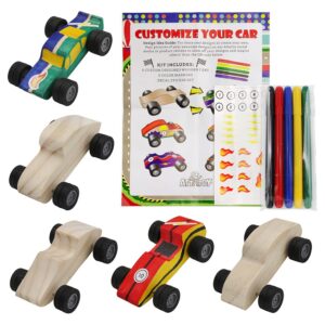 attatoy diy craft wood car kit (5-pack); unfinished mini wooden race car craft project for kids