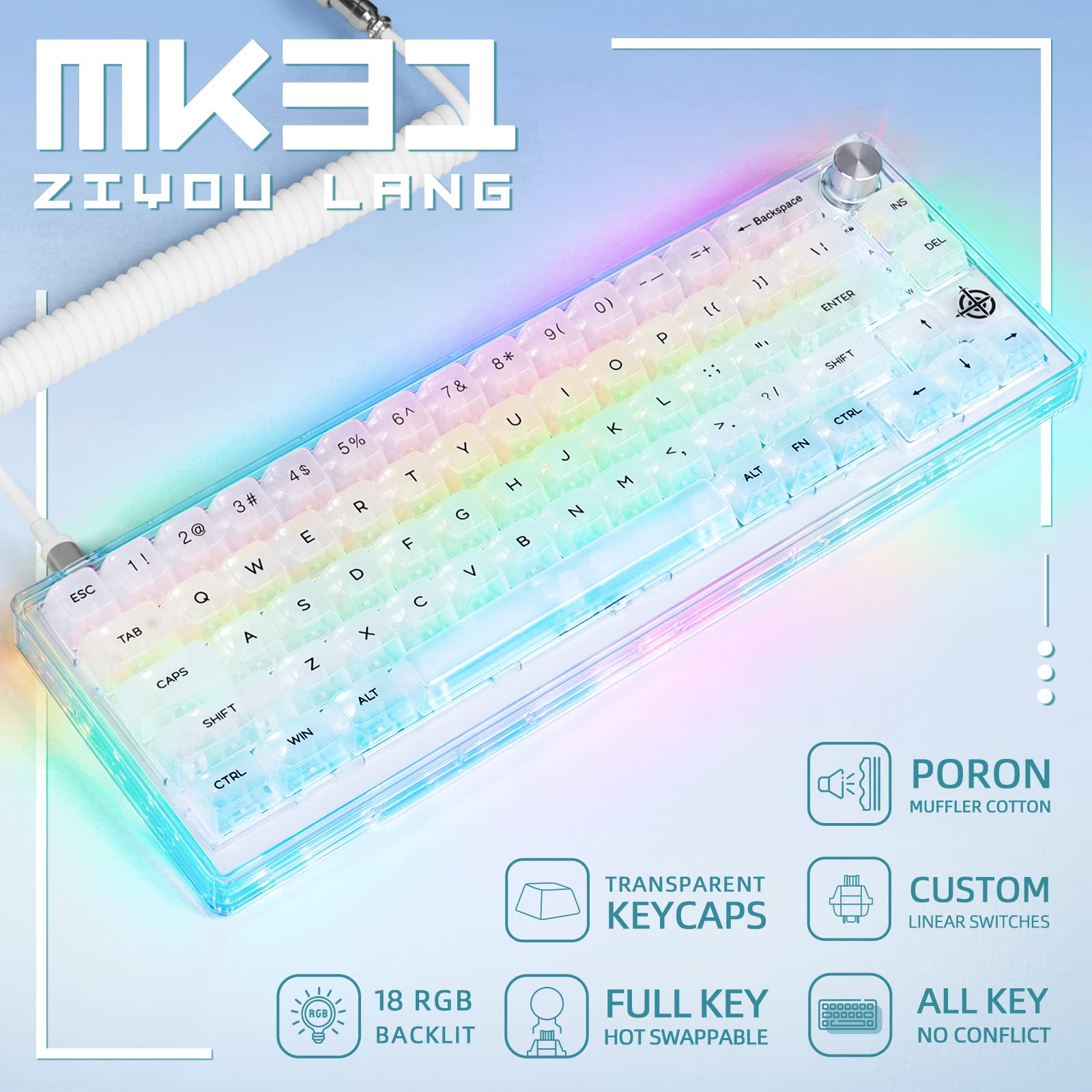 65% Hot-Swap Wired Mechanical Gaming Keyboard Programmable with Transparent 66 Key Full Side RGB OWERTY Linear Ice White Switch Custom Coiled C to A Cable Media Knob 2-IN-1 Case for WIN/PC/MAC(White)