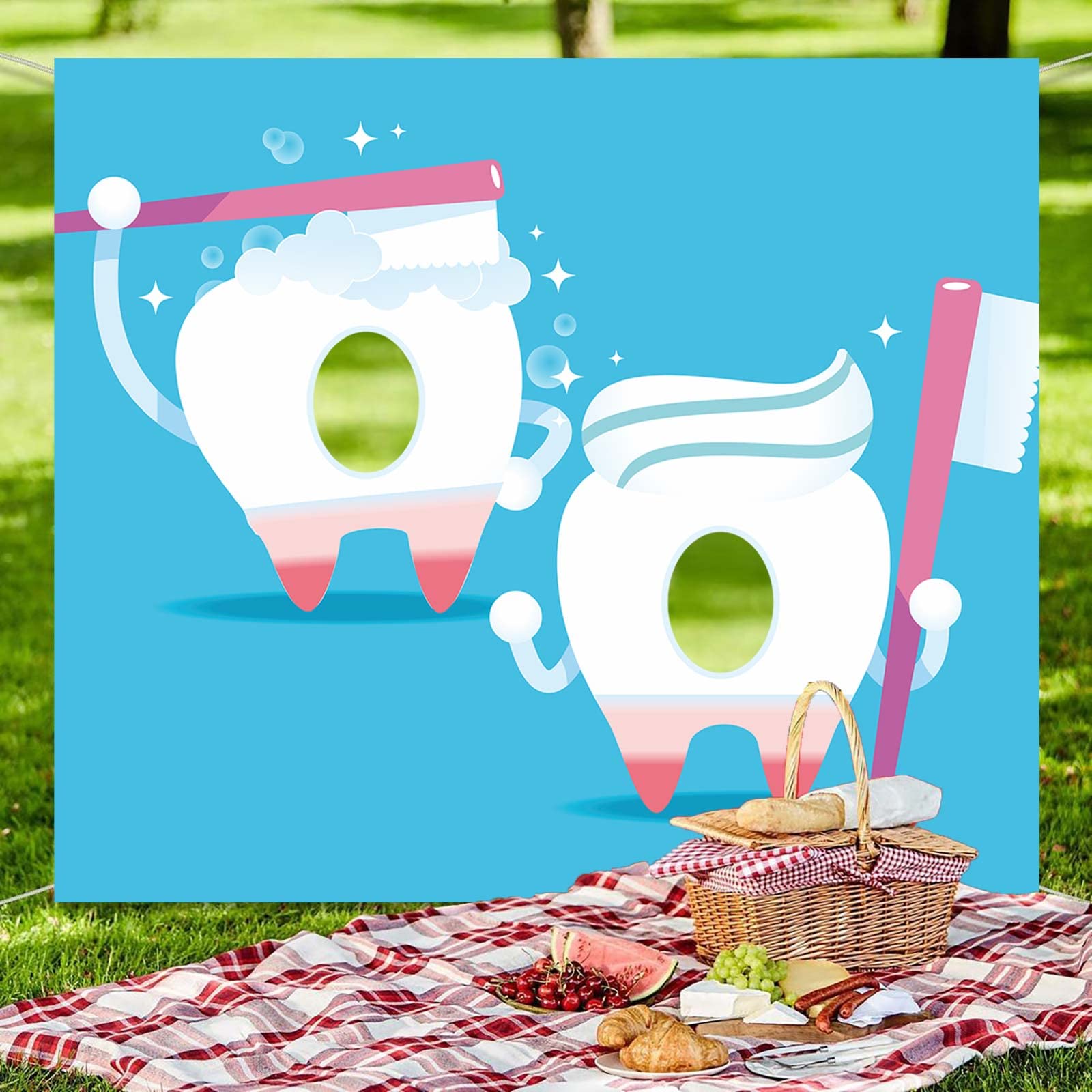 Baby Tooth Banner Pretend Play Party Backdrop Large Teeth Face Dentist Theme Decor Decorations for 1st Tooth Celebration Party Baby Boys Girls Dental Graduation 1st Birthday Party Baby Shower