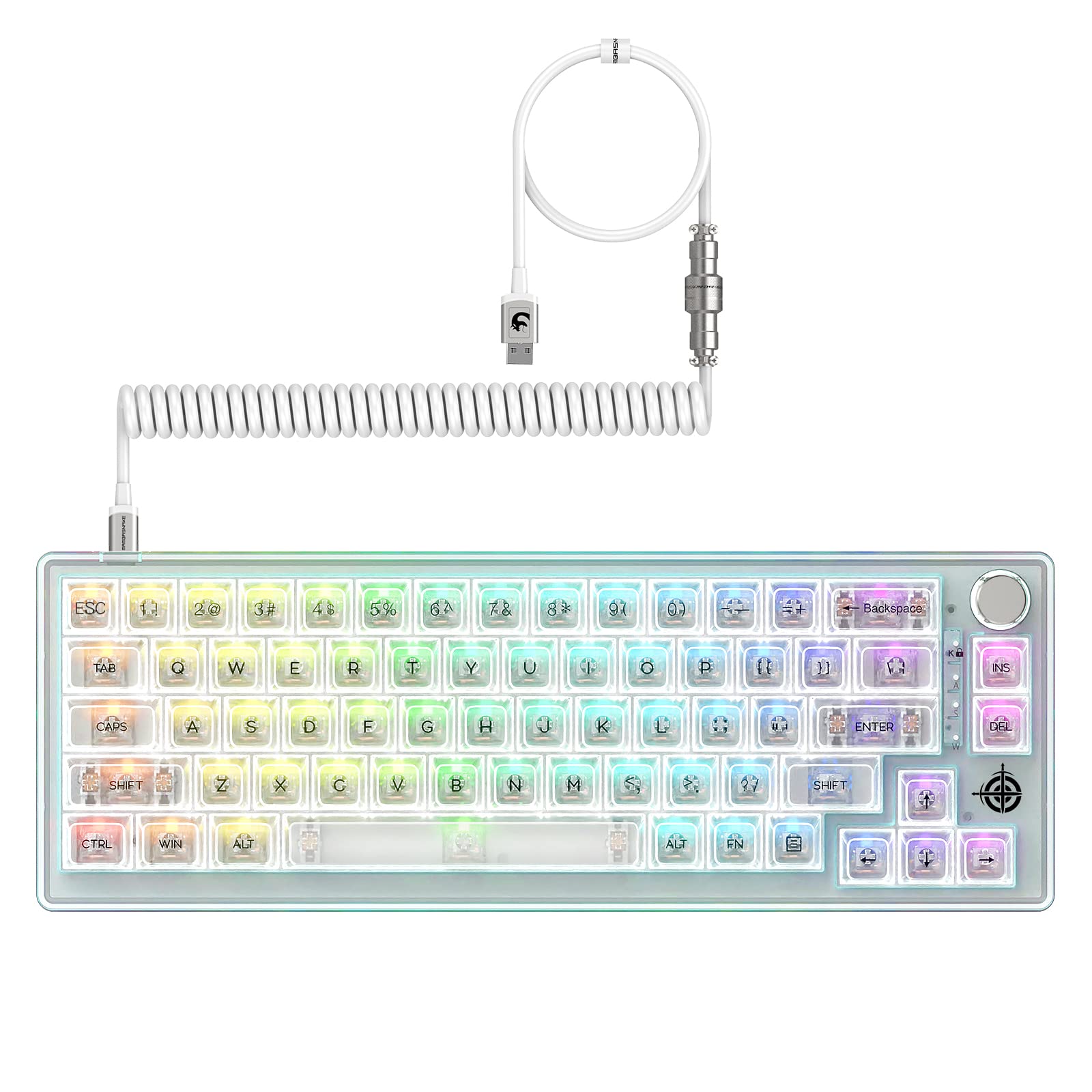 65% Hot-Swap Wired Mechanical Gaming Keyboard Programmable with Transparent 66 Key Full Side RGB OWERTY Linear Ice White Switch Custom Coiled C to A Cable Media Knob 2-IN-1 Case for WIN/PC/MAC(White)