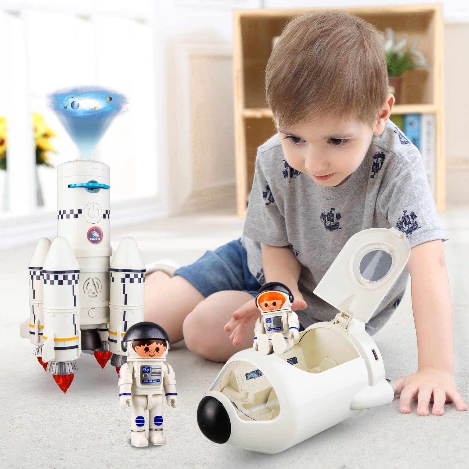 WAKAKAC Space Rocket Toys for Kids Space Shuttle Adventure Toys Model Gift 5-in-1 Aerospace Toys with 2 Astronauts, Projection Lamp, Space Adventure Toys Gift for Boys Girls 3+ Years Old