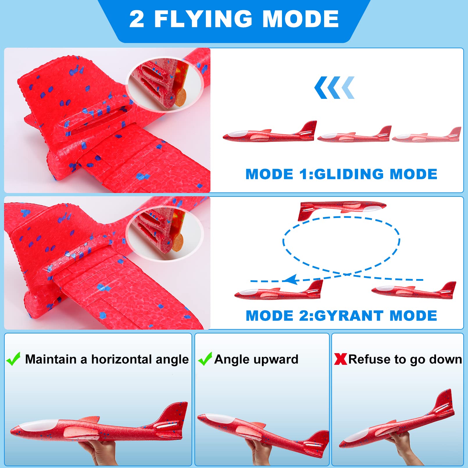 3 Pack Foam Airplane Toys,LED Foam Glider Planes,17.5" Large Throwing Foam Plane,2 Flight Mode Glider Flying Toy for Kids Birthday Gift for 3 4 5 6 7 8 9 Year Old Boys Girls Outdoor Sport Party Favors