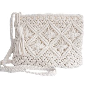 Cotton Macrame Purse Bag | Hand-Woven Knitted Crossbody Shoulder Strap Zipper | Cute Fringe Boho Coin (White)