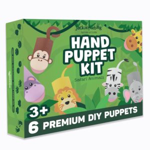 jackinthebox hand puppet making kit - 6 safari animals felt puppet craft kit for kids, creative diy arts & crafts kit make your own puppets, storytelling role play, great craft gifts for kids ages 4-8