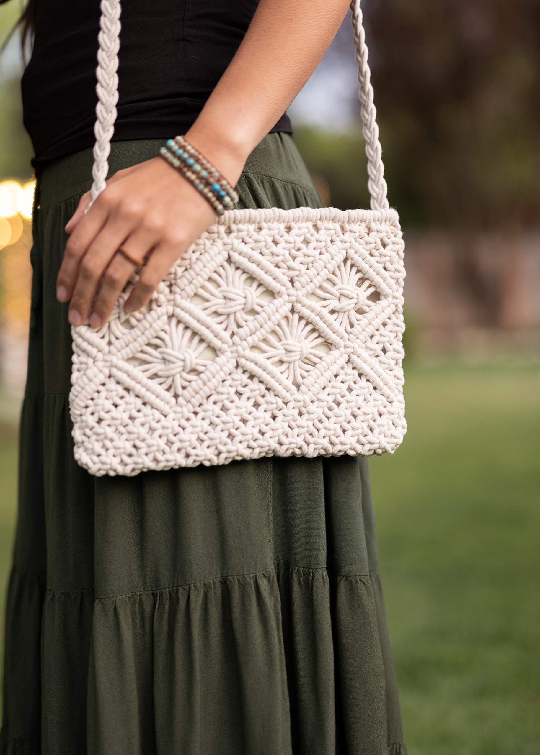 Cotton Macrame Purse Bag | Hand-Woven Knitted Crossbody Shoulder Strap Zipper | Cute Fringe Boho Coin (White)